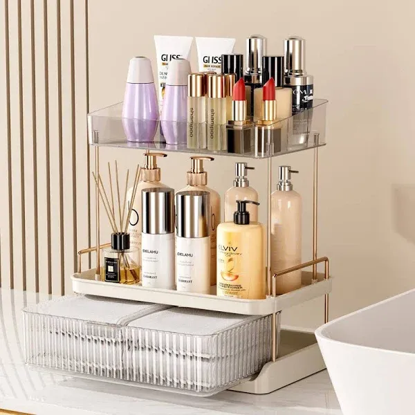 Multi-Purpose Makeup Organizer with Drawer, High-Capacity Skincare Countertop, Exquisite Vanity Organizer, Cosmetic Display Cases, Bathroom Organizer, Vanity Organizer (Clear)