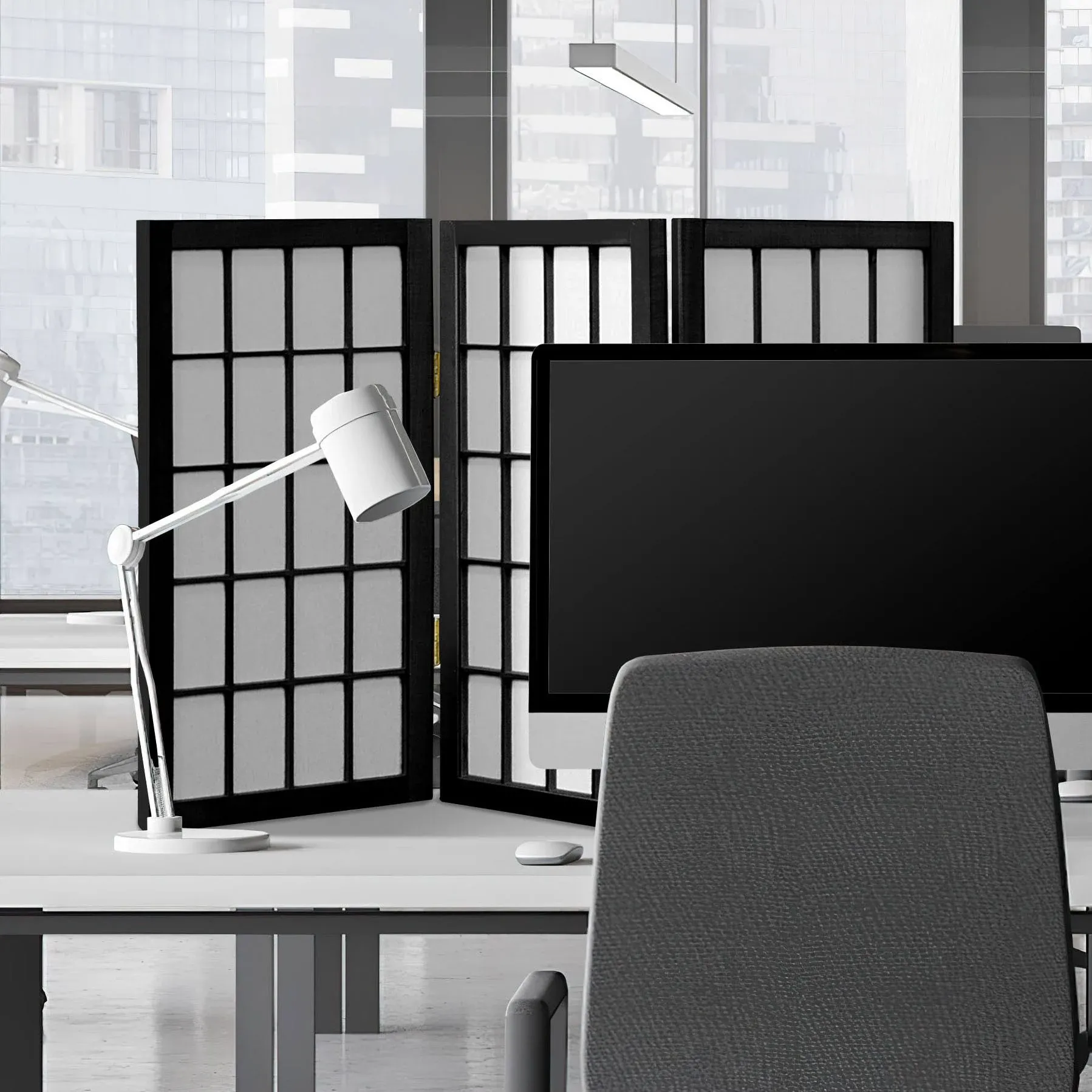 Oriental Furniture Tall Desktop Window Pane Shoji Screen, 3 Panel, Black