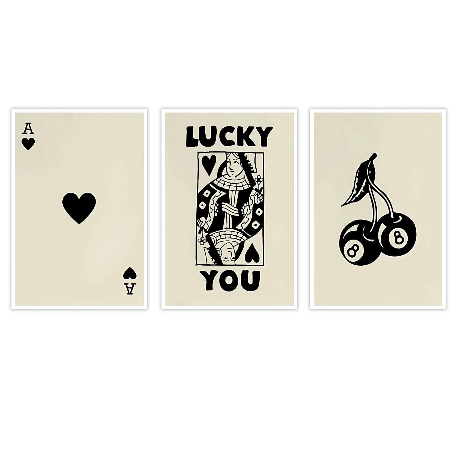 OPPQRRS 3 Pieces Funky Black White Lucky You Poker Poster- Vintage Girly Preppy Cherry Canvas Wall Art - Trendy Ace Of Hearts Playing Card Prints Decor For Teen Girl Bedroom Dorm 12x16in Unframed