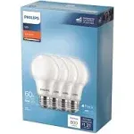 Philips A19 LED 60W Equivalent Soft White Light Bulb, 4-Pack