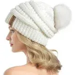 QUEENFUR Women Knit Slouchy Beanie Chunky Baggy Hat with Faux Fur Pompom Winter Soft Warm Ski Cap