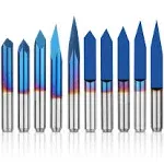 10 Pcs 1/8'' Shank CNC Router Bits Set, Flat V-bit: 20/30/45/60/90 Degree Triangular V-bit: 20/30/45/60/90 Degree 0.1mm Tip, Nano Blue Coat Conical, Engraving Tool for CNC