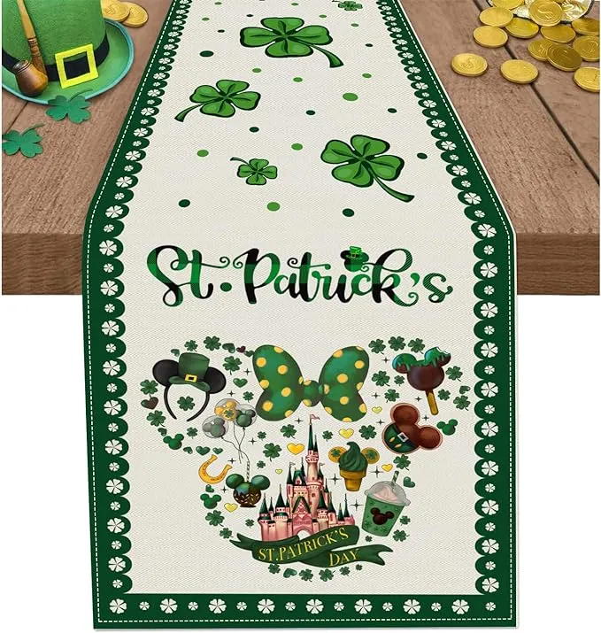 St. Patrick&#039;S Day Table Runner 13 X 72 Inches - Cartoon Mouse Head Shamrock Runn