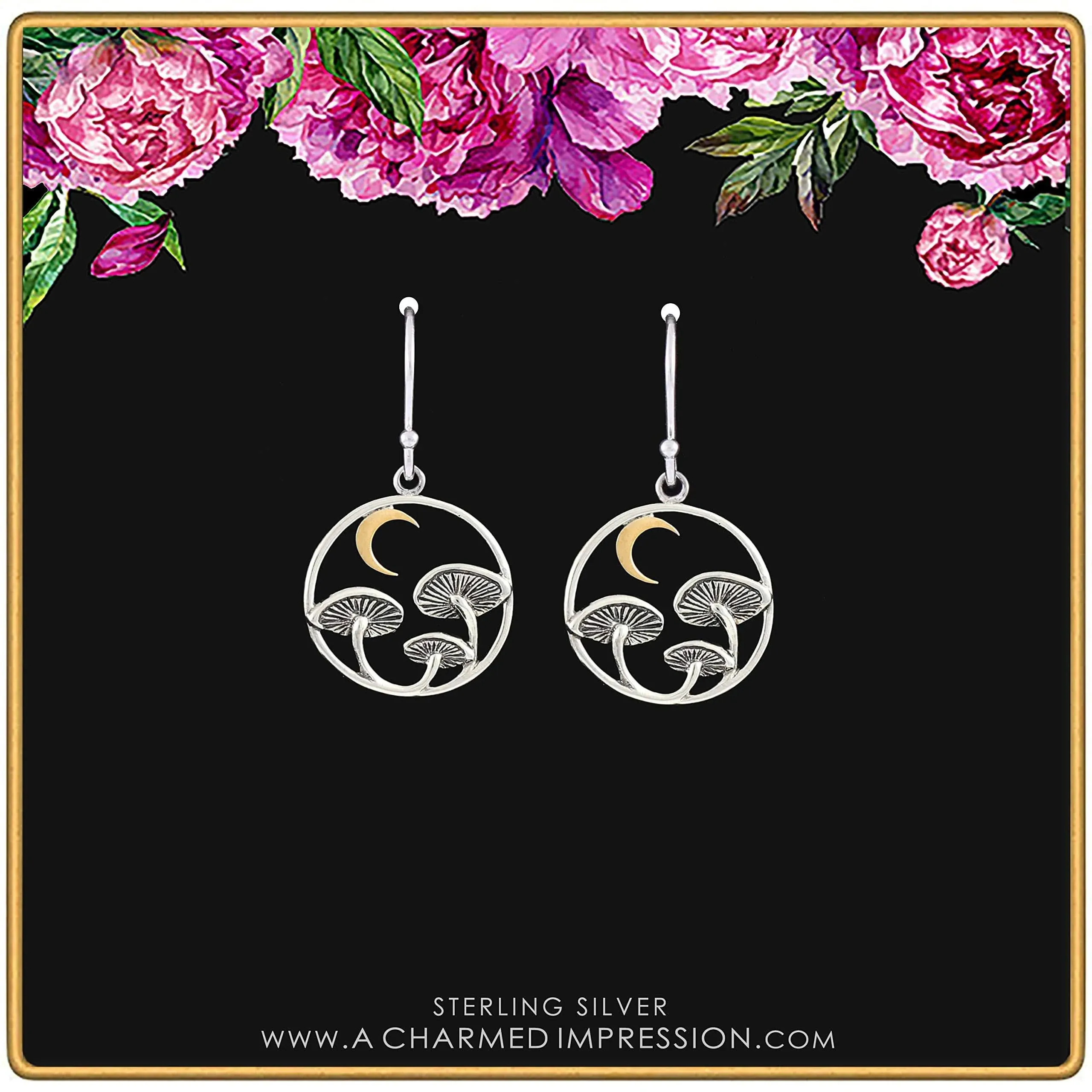 Sterling Silver Mushroom Earrings • Bronze Crescent Moon • Two Tone Silver and Gold Crescent Moon • Magical Mystical Mushroom Charm Jewelry