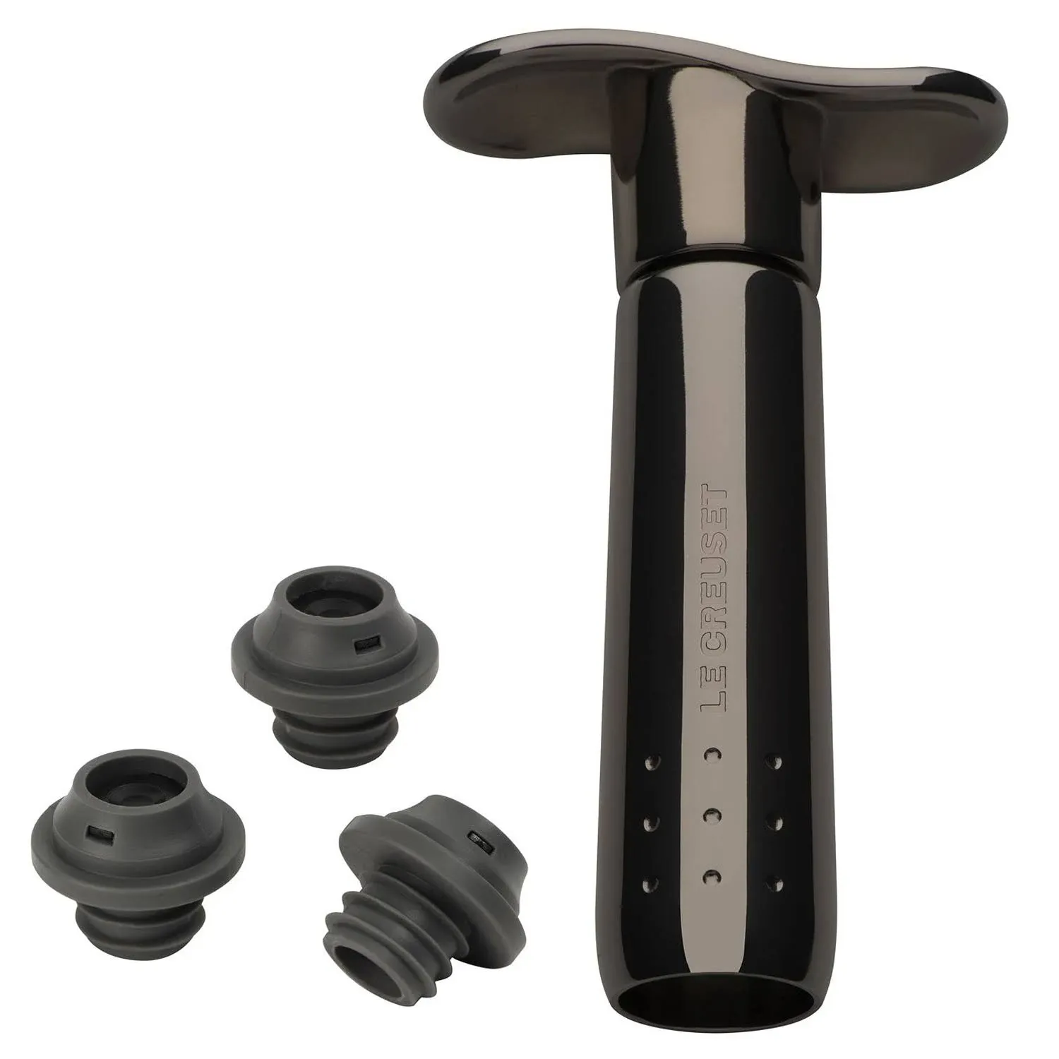 Le Creuset Wine Pump and (3) Stoppers - Black Nickel