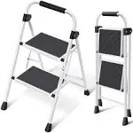 KINGRACK 2 Step Ladder, Folding Ladder with Non-Slip and Wide Pedal, Small Ladder with Handle, Heavy Duty Steel Ladder, Lightweight and Portable Step Ladder, White