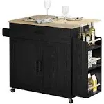 IRONCK Kitchen Island with Storage, Rolling Kitchen Island on Wheels with Drop Leaf, Charging Station, 3 Open Spice Rack, Cabinet, Drawer, Kitchen