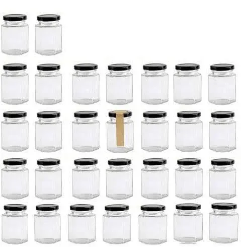 Encheng 4 Oz Clear Hexagon Jars,Small Glass Jars with Lids Black 30 Pack