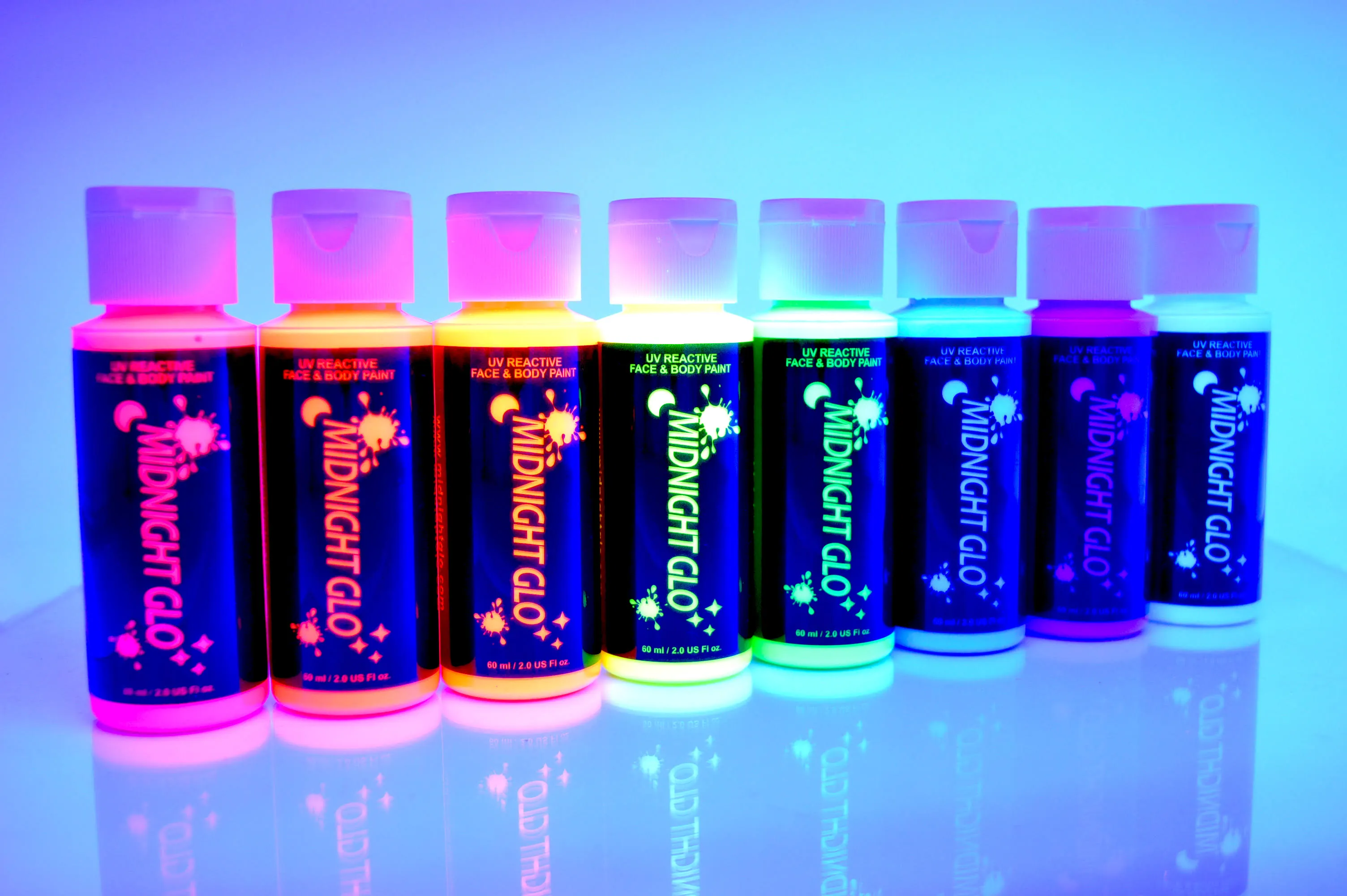 Midnight Glo UV Paint Acrylic Black Light Reactive Bright Neon Colors Set of 8 Bottles 2 oz Great for Crafts, Art & DIY Projects, Blacklight Party