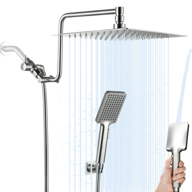 10 inch Rainfall Head with Handheld Combo High Pressure, Upgrade 12 inch Extension Arm Height Adjustable, Powerful Stainless Steel Shower Head Brass WT0001NB