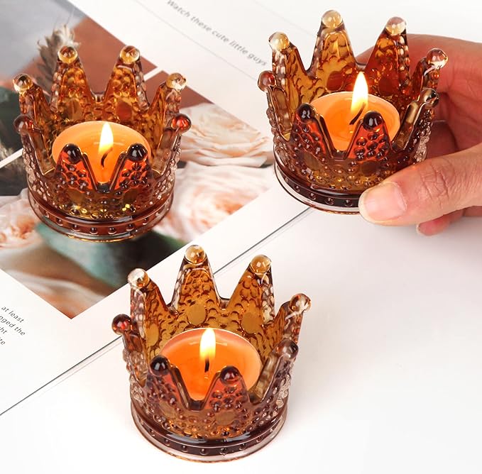 Vixdonos Votive Candle Holders Set of 6 Crown Glass Tealight Candle Holder for Wedding, Party and Home Decor (Amber)