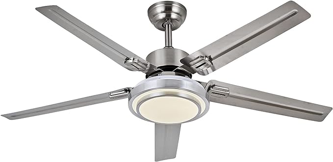 Ceiling Fan with Lights Remote Control, Indoor Modern Minimalist LED Dimmable Brushed Nickel Chandelier, 52 Inch Stainless Steel Pendant Light for Kitchen Garage Dining Room（Silver）