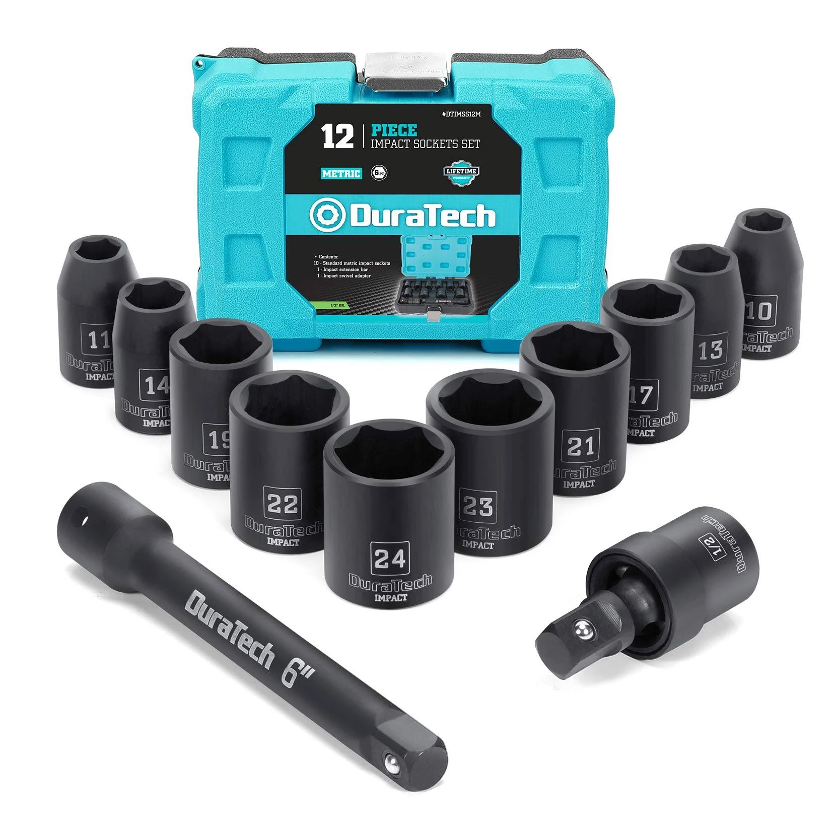 DURATECH 1/2 Inch Drive Impact Socket Set 12 Pieces, 10-24 mm 10 Pieces Metric Sockets with Impact Swivel Adapter and 6-Inch Impact Extension Bar