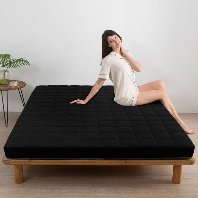 Maxyoyo Futon Mattress, Padded Japanese Floor Mattress Quilted Bed Mattress Topper, Extra Thick Folding Sleeping Pad,Black,Twin