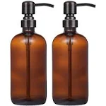 2 Pack 16 Ounce Boston Round Glass Bottles Soap Dispenser with Oil Rubbed Bronze Stainless Steel Pumps