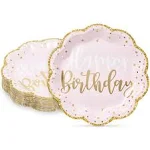 48-Pack Pink Happy Birthday Party Plates with Gold Glitter Edges