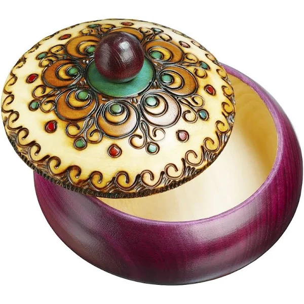 Round &#034;Eye of the Feather&#034; Wood  Box Handmade Jewelry Keepsake Made in Poland