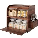 TQVAI Bamboo Bread Box for Kitchen Counter Dobule Layer Roll Top Bread Storage Container with Silverware Basket - Can Use As 2 Individual Bread Bin