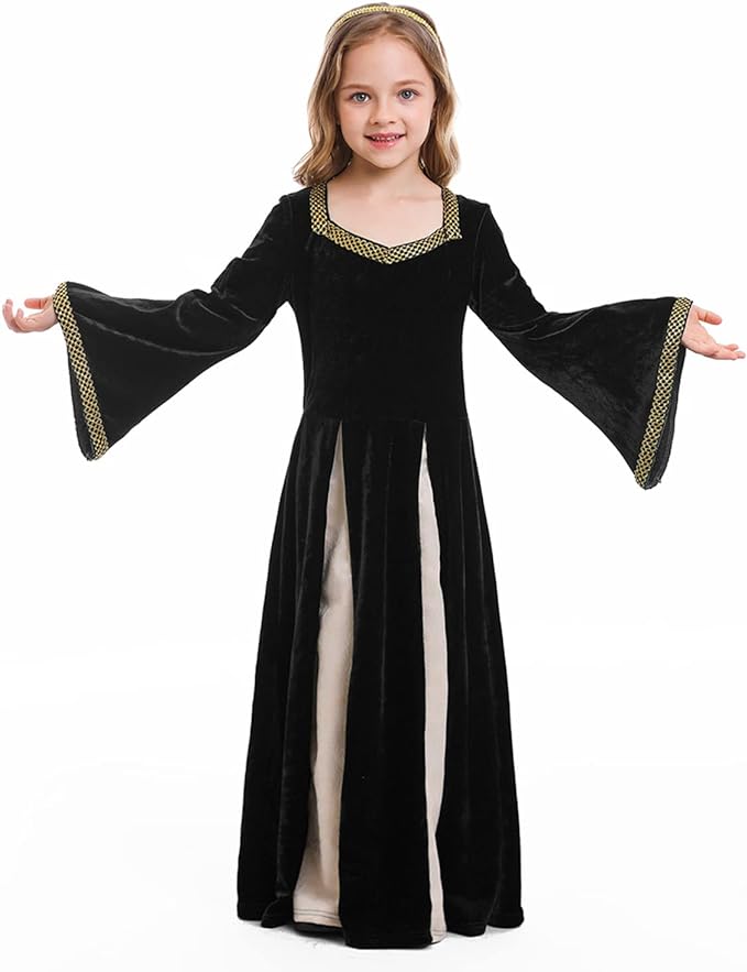 COREWO Girls Medieval Princess Dress Kids Vintage Renaissance Costume Cosplay Gothic Retro Robe Gown Outfit