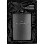 Matte Black Flask + Black Funnel + Black Canvas Pouch Gift Set, 8 oz. Engraved Well Deserved. Classy Packaging. Stainless Steel Hip Flask for Liquor