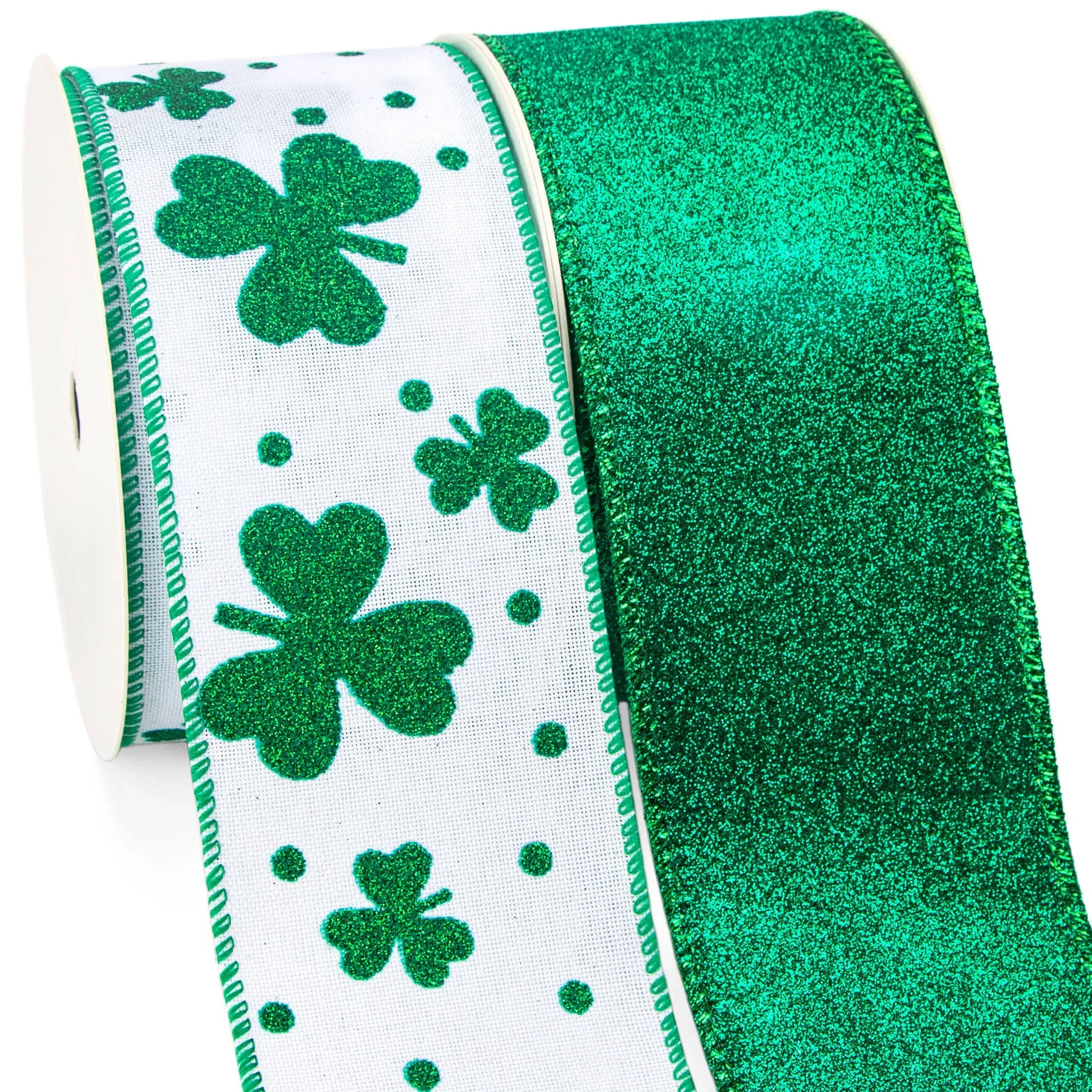 Ribbli St Patricks Day Ribbon Wired,2 Rolls-Glitter Shamrock White Burlap & Green Glitter Ribbon,2-1/2 Inch Total 60 Feets(20 Yards), Shamrock Ribbon for Big Bow,Wreath Decoration