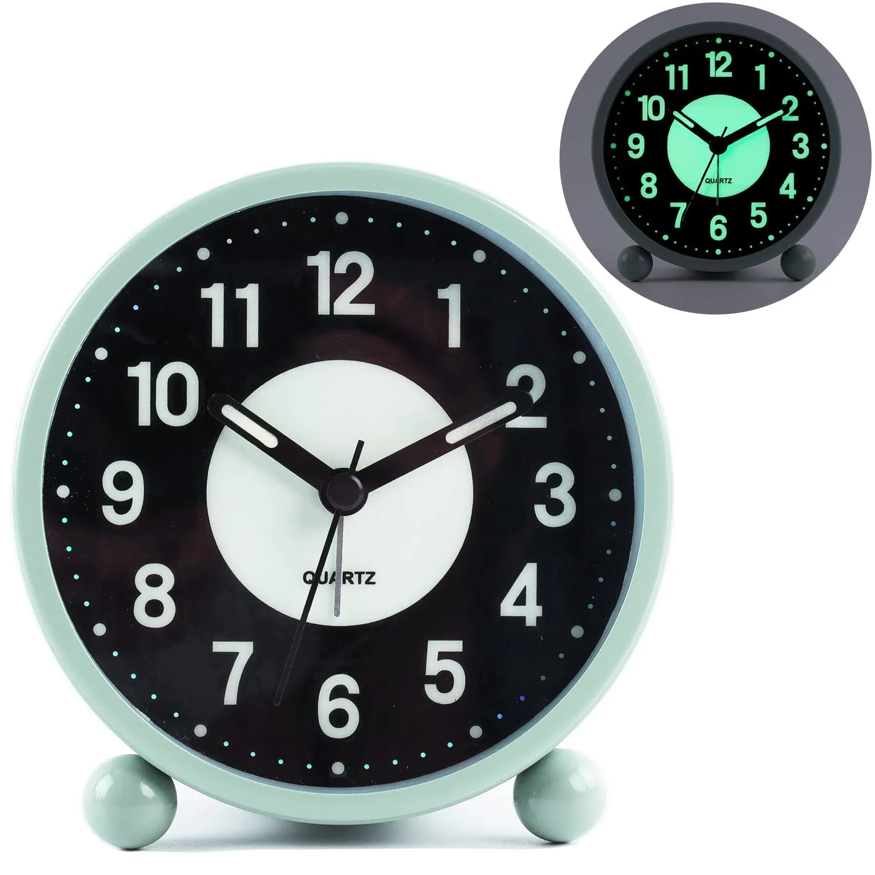 Alarm Clock Luminous 4 "Round Silent Analog Table Clock Non-Ticking, Battery Operated with Loud Alarm and Night Light Small Desk Clock for Bedroom, Bedside Table Green