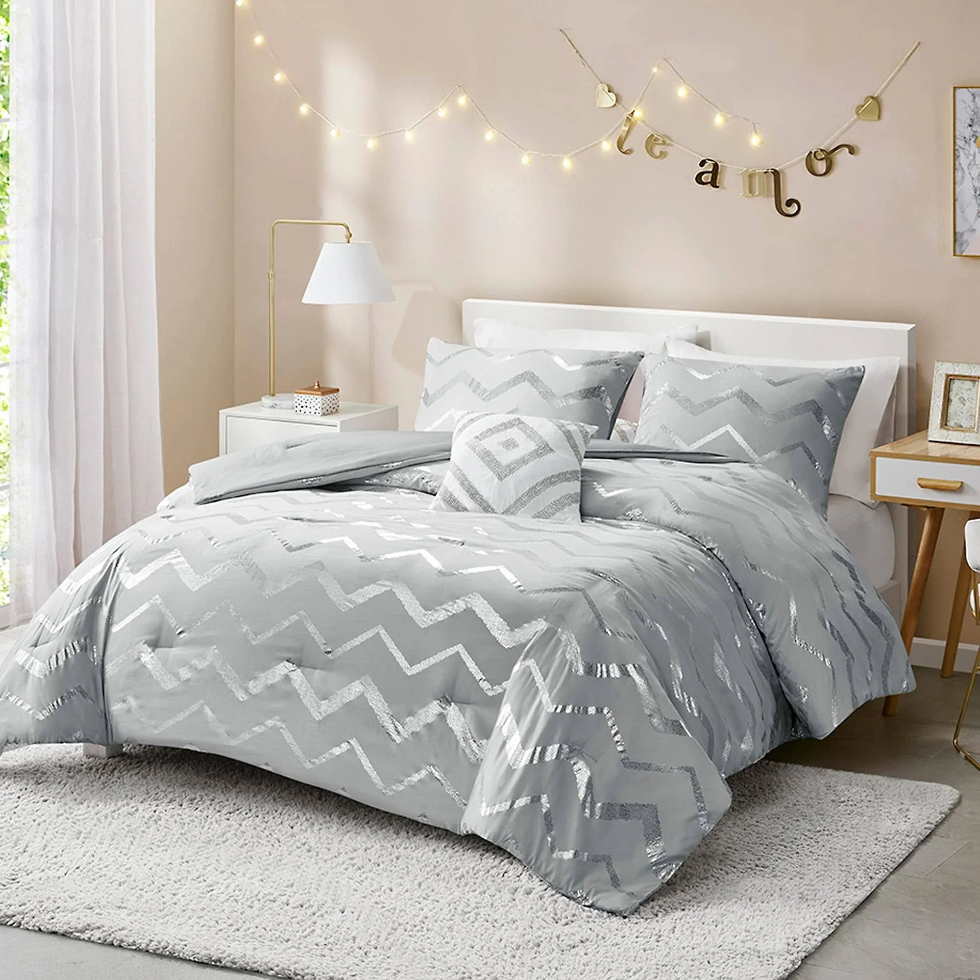 Codi Grey Bedding Set Twin XL Size for Teen Girls, Kids Bedroom 3 Piece Comforter Sets for College Dorm - Includes 1 Grey/Silver Comforter, 2 Pillow Shams, 1 Decorative Pillow - All Seasons Warm