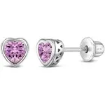 925 Sterling Silver Simulated Tourmaline Birthstone Heart Screw Back Earrings, Girl's, Size: One size, Pink