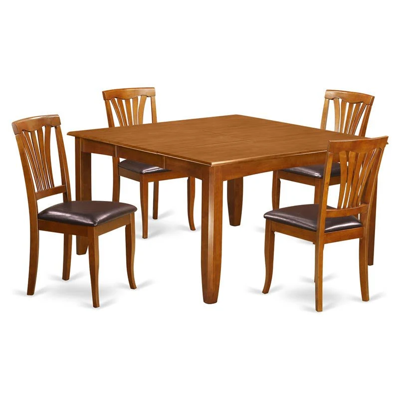 East West Furniture PFAV5-SBR-LC 5 Piece Dining Room Furniture Set Includes a Square Wooden Table with Butterfly Leaf and 4 Faux Leather Kitchen Dining Chairs, 54x54 Inch, Saddle Brown