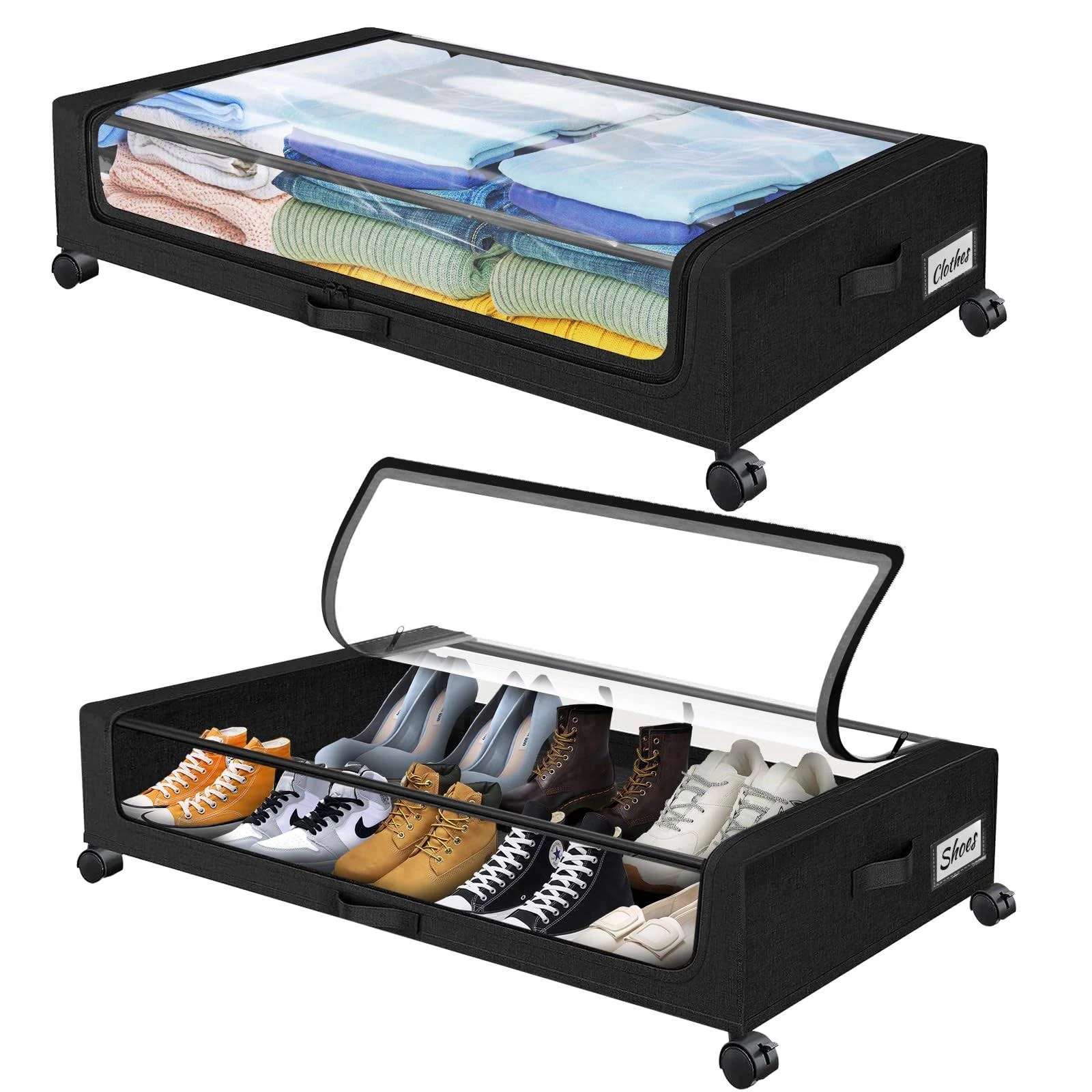 2 Pack Under Bed Storage with Wheels, Large Capacity Under Bed Storage Containers with Clear Lid,Handle,Label, Rolling Under Bed Shoe Storage Organizer for Clothes Toy Shoe Blanket (Black)