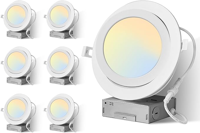 LMP 6 Pack LED Recessed Lighting 6 Inch, Selectable 2700K/3000K/3500K/4000K/5000K, Dimmable Canless Lights with Junction Box, 14W, 1200 LM Brightness, CRI90+, Dimmable Can Lights Downlight