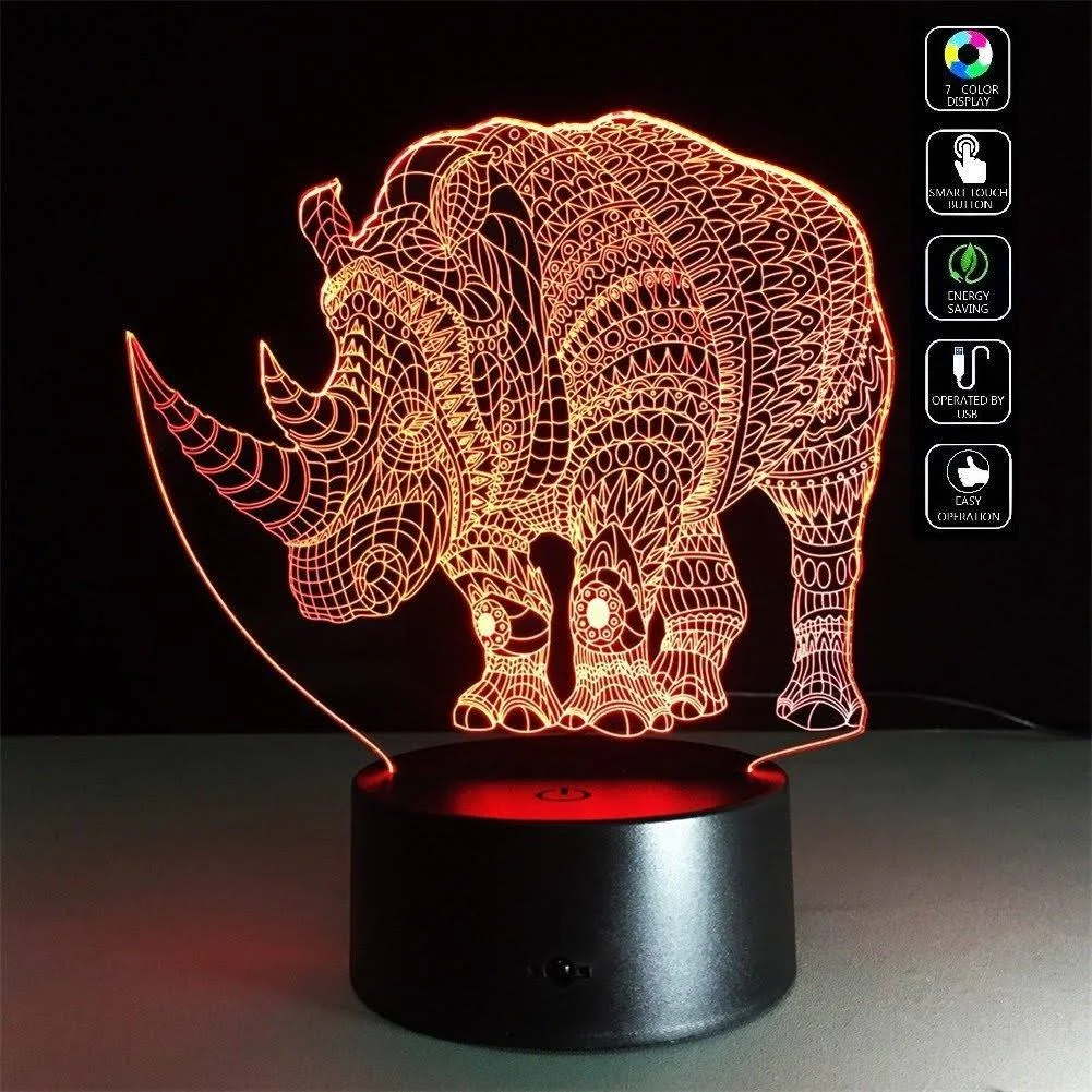 TRADE® 3D Visual Multicolor Gradient Acrylic Animal Rhino LED Touch USB Dual Purpose Base Bedside Illumination Night Light