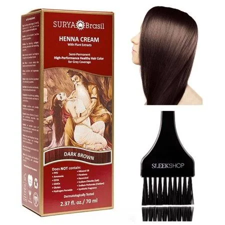 Surya Brasil All Natural Henna Hair Color Cream Plant Extracts Semi-Permanent for Grey Coverage (with Brush) Brazil (Dark Brown)