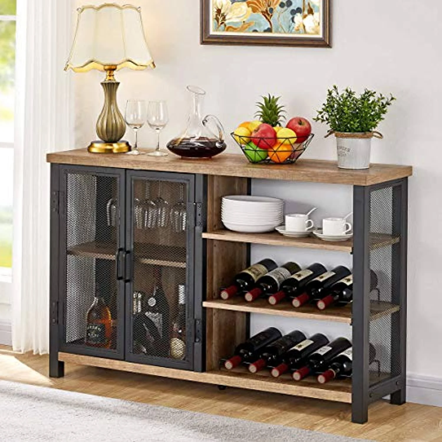 Multi-Function<wbr/>al Bar Cabinet with Stemware Rack &amp; Wine Storage - Vintage Oak