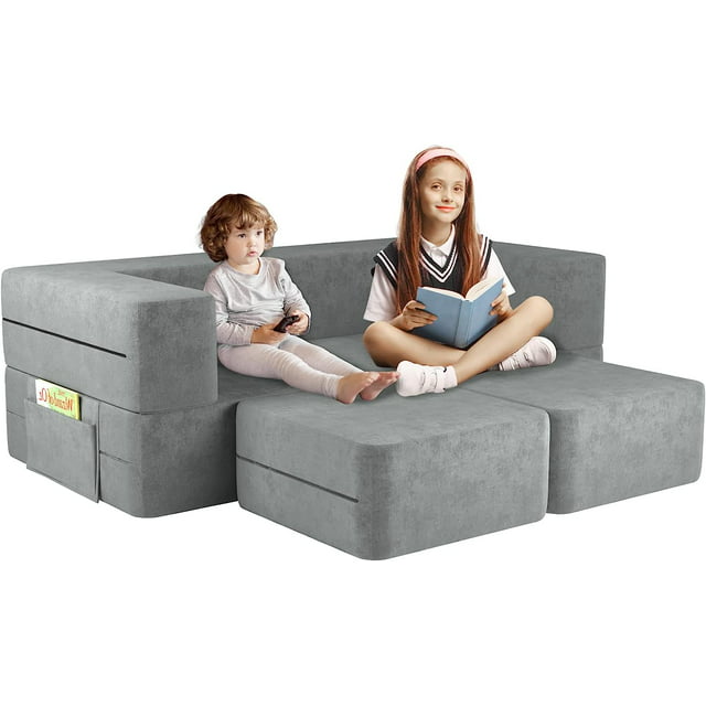 Kids Couch 13PCS, Modular Toddler Couch with 2 Ottomans, Fold Out Kids Couch