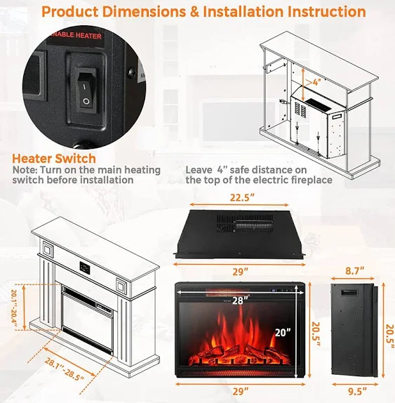 Tangkula Electric Fireplace Insert, Freestanding & Recessed Electric F