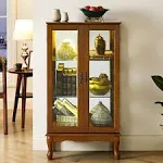 Curio Cabinet Lighted Curio Diapaly Cabinet Wooden Shelving Unit with Adjustable Shelves and Mirrored Back Panel, Tempered Glass Doors (Oak, 3 Tier)