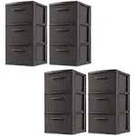 Sterilite 3 Drawer Wicker Weave Decorative Storage Organization Container Cabinet Tower with Driftwood Handles, Espresso (4 Pack)