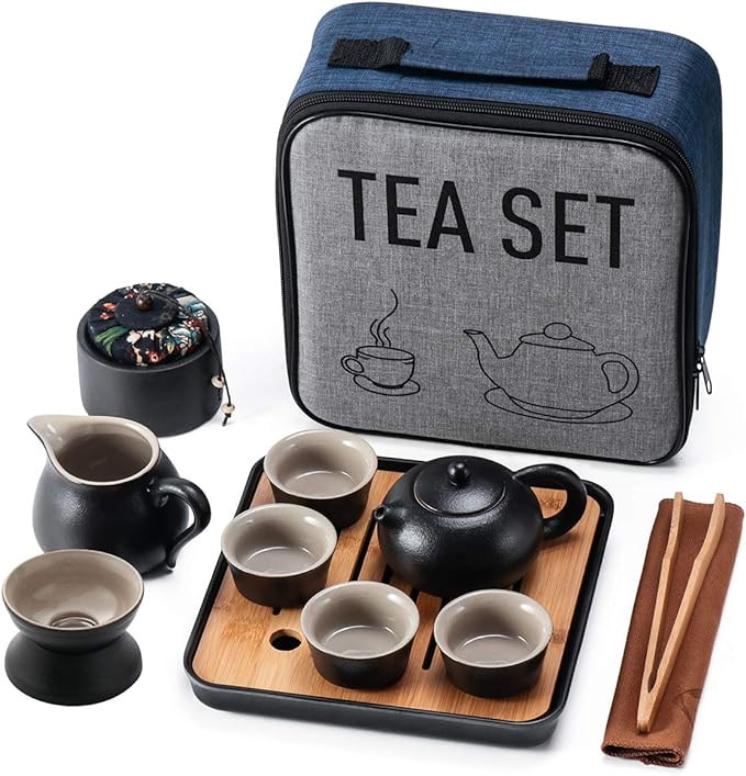 Mini Travel Kung Fu Tea Pot Cup Set with Tray - Portable Chinese Ceramic Porcelain Teapot Infuser Bag All in One for Business Hotel Outdoor Picnic