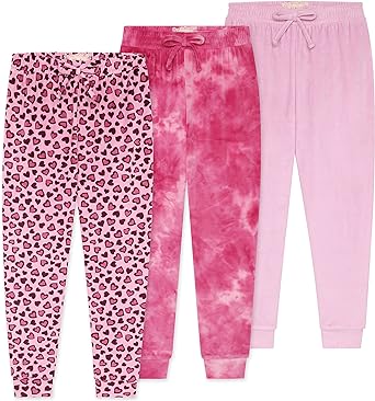 BTween Girl's 3-Pack Velour Jogger Pant Set - Solid, Tie Dye, Camo Sweatpants for Girls, Pink Size 10/12