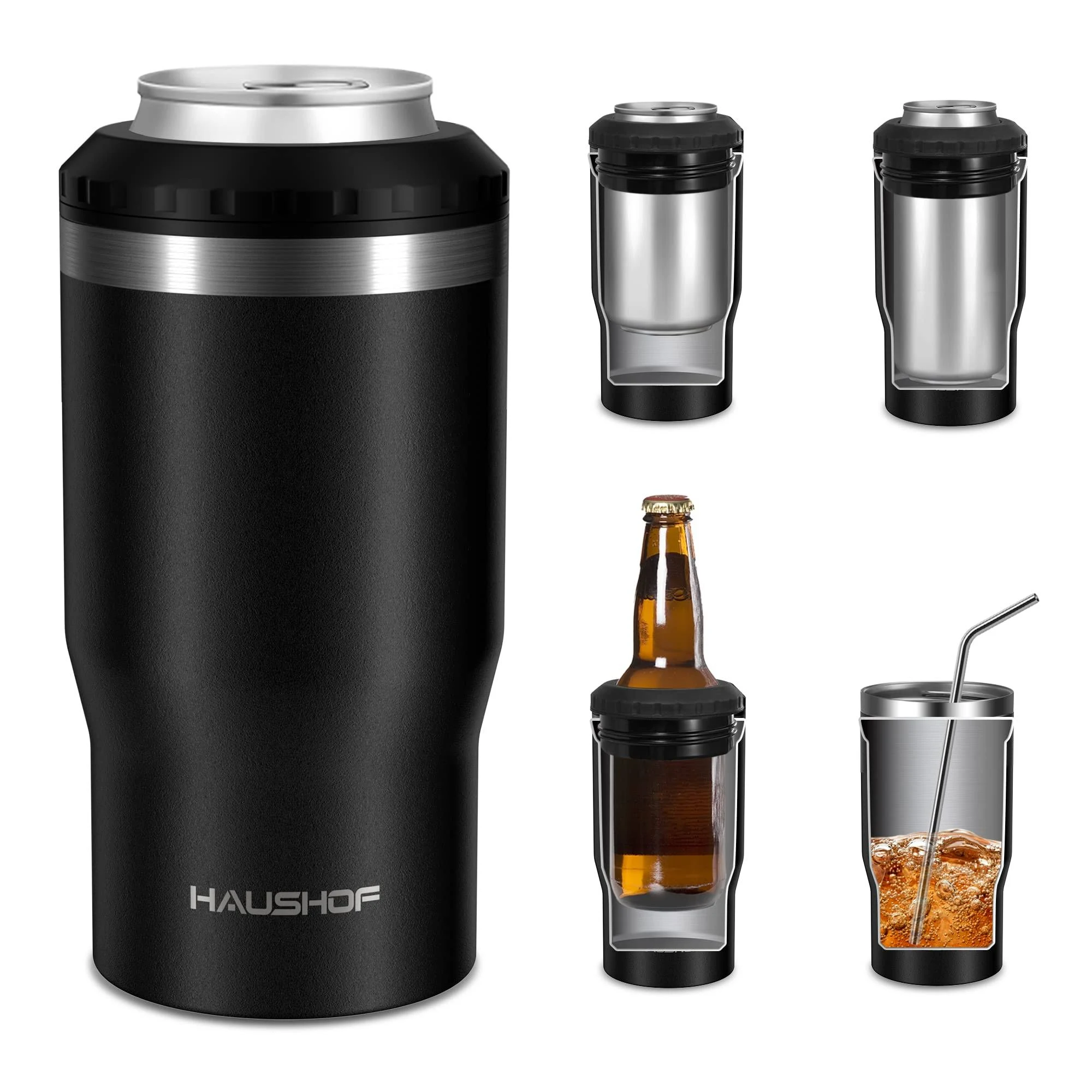 HAUSHOF 12 oz Can Cooler, 4 in 1 Insulated Stainless Steel Can Insulator, Fits for 12 oz Standard Can|12 oz Slim Can|12 oz Beer Bottle, Perfect for Camping, Beach, Picnic