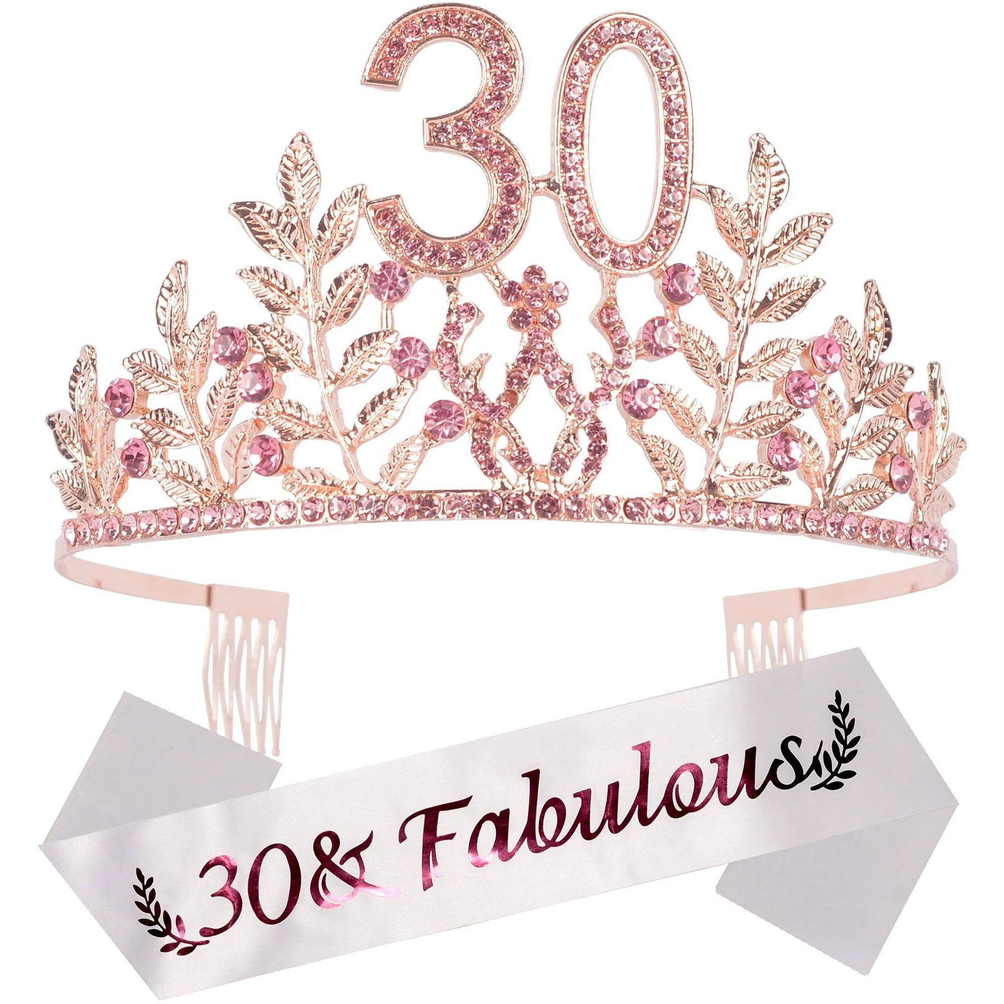 30th Birthday Sash and Tiara for Women - Glitter Sash with Leafs Rhinestone Pink Metal Tiara, Perfect 30th Birthday Gifts for Party Celebration