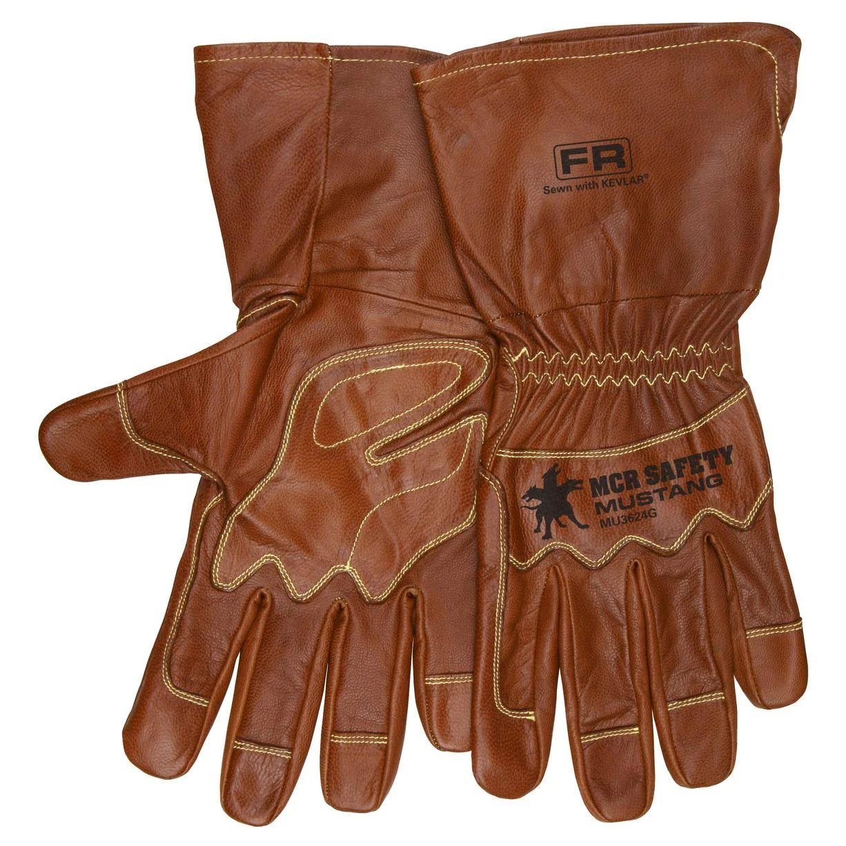 MCR Safety MU3624GL Mustang Utility Driver Glove, Premium Grain Goat Double Palm with Gauntlet Cuff, Wing Thumb, Sewn with Kevlar®, Hand Protection, Utility, Construction, 1 pair, Size Large,Brown