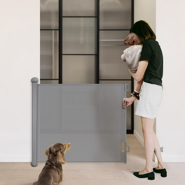 PETGOD Retractable Baby Gate, Upgraded Lockable Mesh Dog Gate Tall 34”, Extends up to 71” Extra Wide Pet Gate and Safety Child Gate for Stairs, Doorways, Hallways, Banisters, Indoors, Outdoors Gray