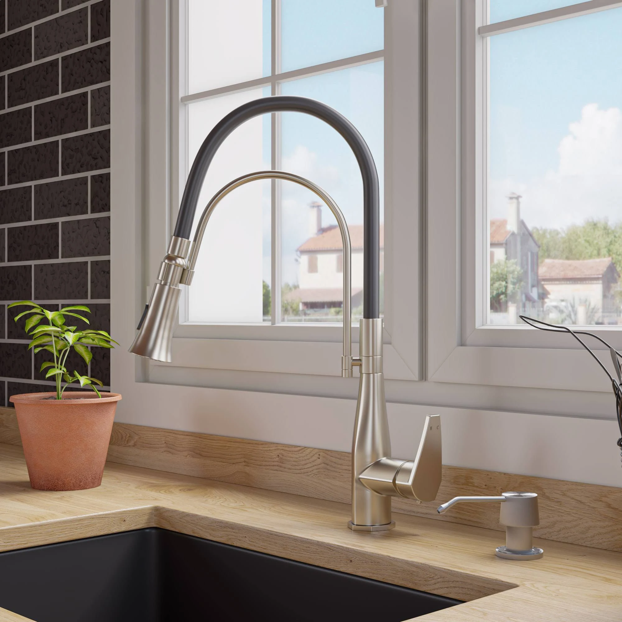 Kitchen Faucet With Black Rubber Stem, Brushed Nickel