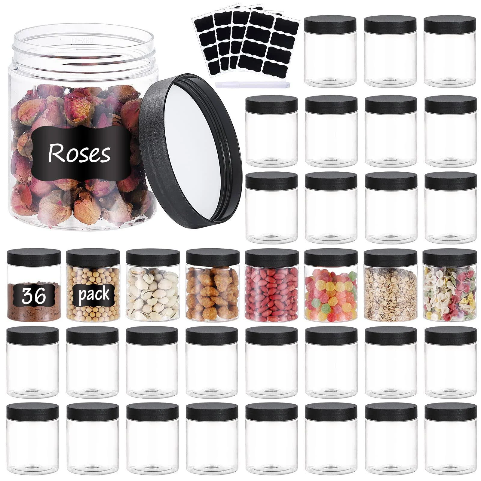 36pcs 8oz Plastic Jars With Screw On Lids, Pen And Labels Refillable