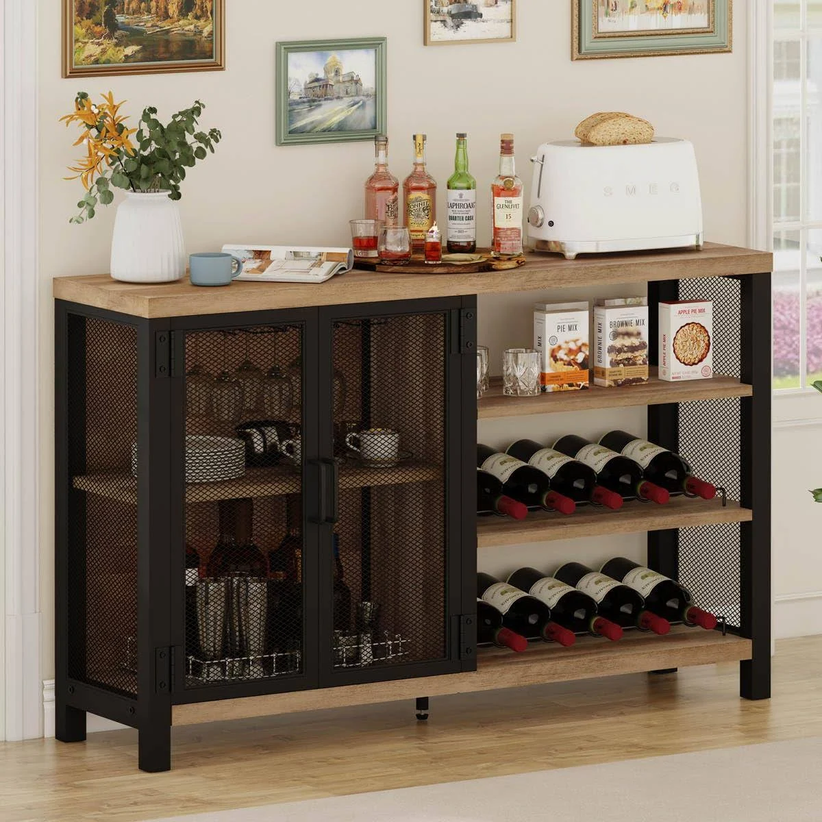 Bon AUGURE Industrial Bar Cabinet for Liquor and Glasses, Rustic Wine Cabinet ...