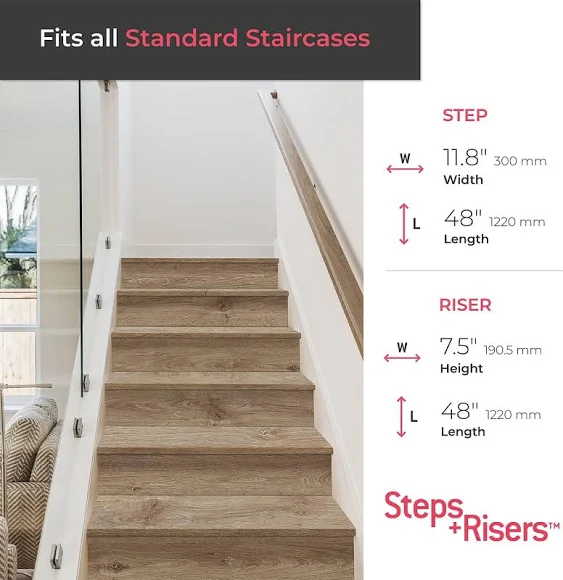 Lucida Surfaces Luxury Vinyl Stair Tread and Riser Combo | Glue Down Wood-Look Stair Treads Cover and Stair Riser | Waterproof | Scratch and Scuff Resistant | American Oak | MaxCore