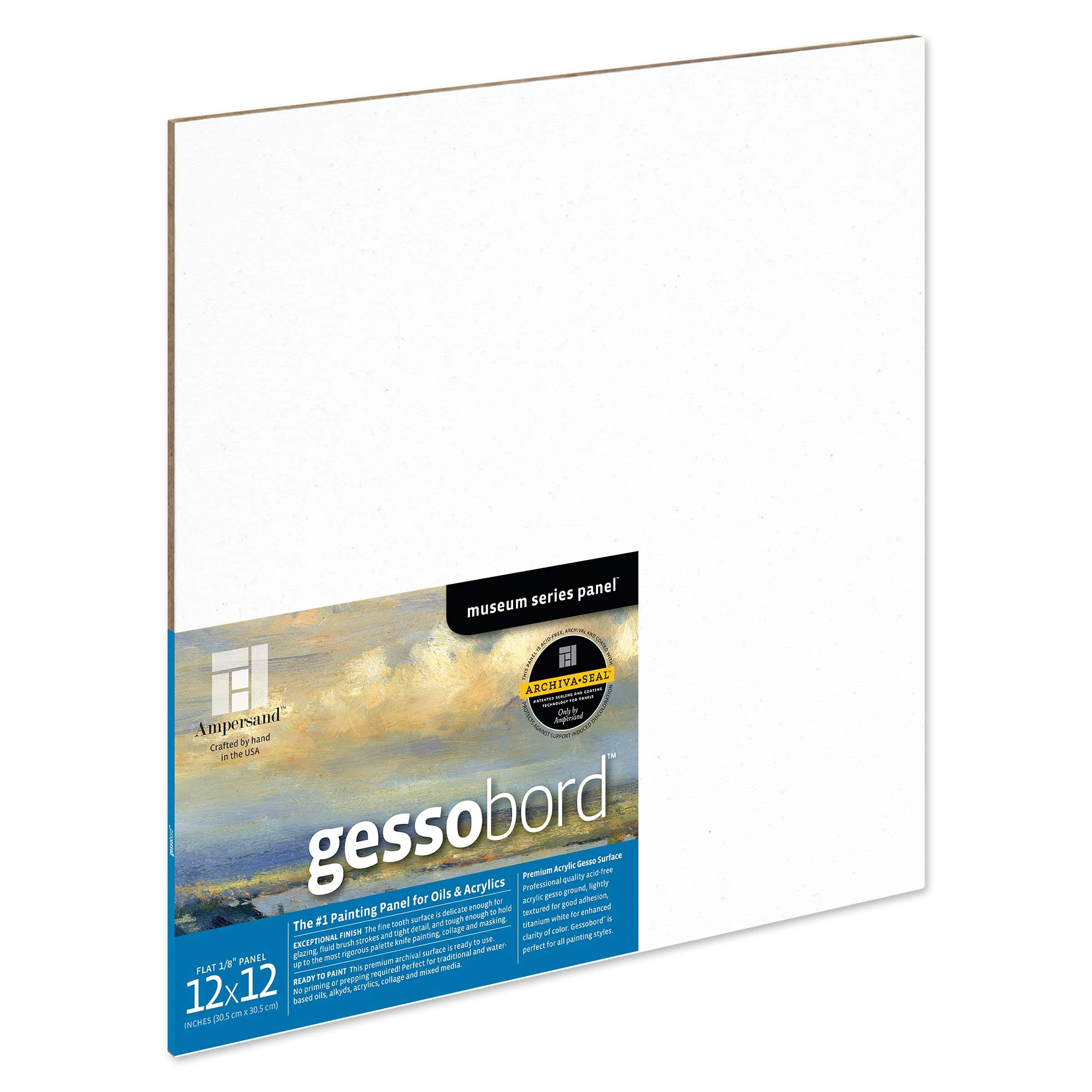 Ampersand Art Supply Gessobord Gesso Wood Painting Panel: Museum Series Gessobord, 12" x 12", 1/8" Flat Profile