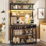 Itaar Bakers Rack with Power Outlet, 6-Tier Coffee Bar, Microwave Stand with Wine Rack, LED Lights and 10 Hooks, Bakers Racks for Kitchens with Storage, Grey